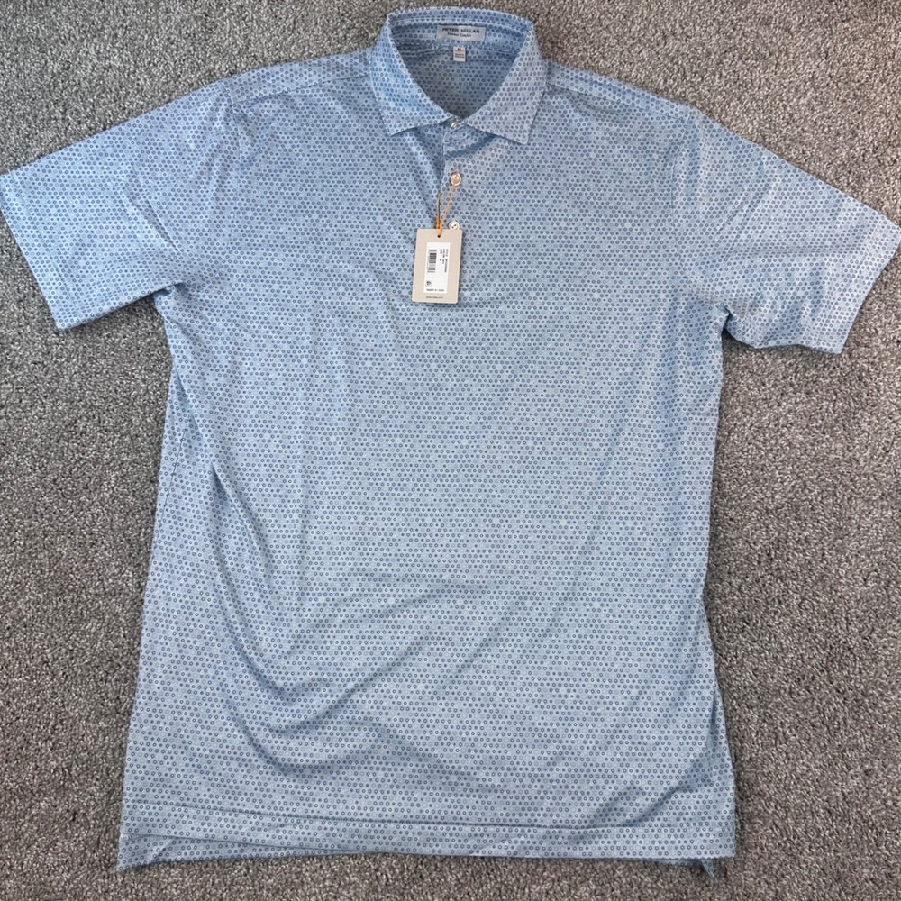 Peter Millar Summer Comfort Polo Shirt Mens Medium Sky Blue Geometric Golf NWT - Picture 2 of 8